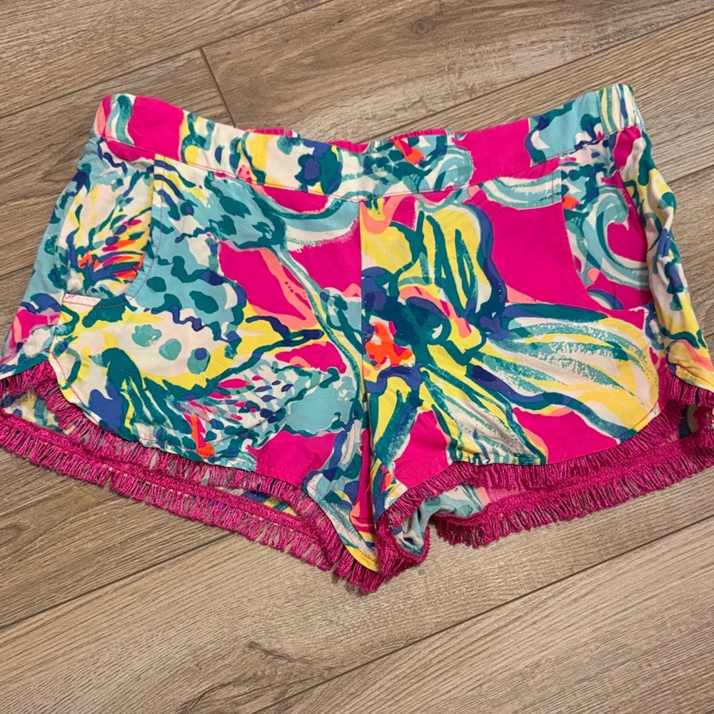 Lilly Pulitzer Hot Pink Tropical Print Fringe Athletic Shorts